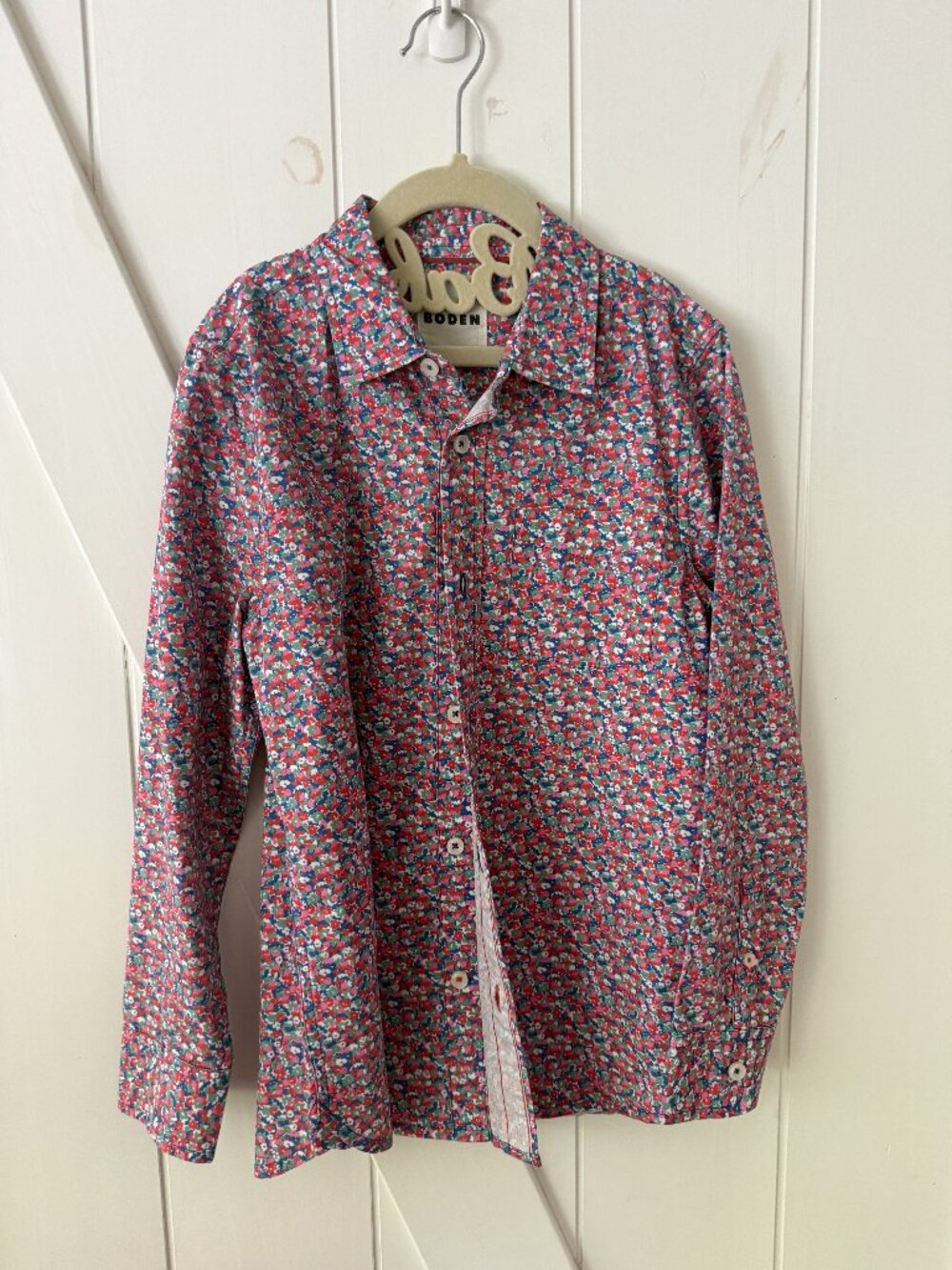 Mini Boden Boys Pink and multi-colored floral long sleeve button down shirt
